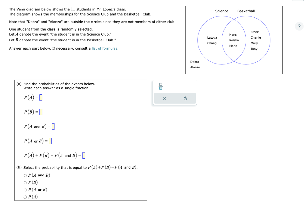 Solved The Venn diagram below shows the 11 students in Mr. | Chegg.com
