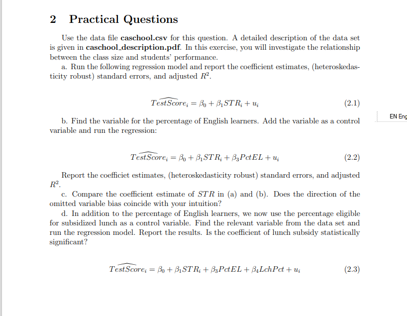 2 Practical Questions Use the data file caschool.csv | Chegg.com