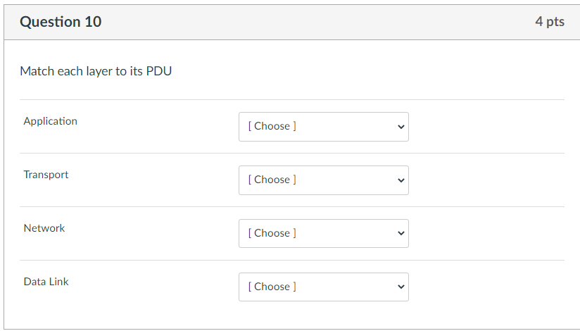 Solved Question 10 4 pts Match each layer to its PDU | Chegg.com