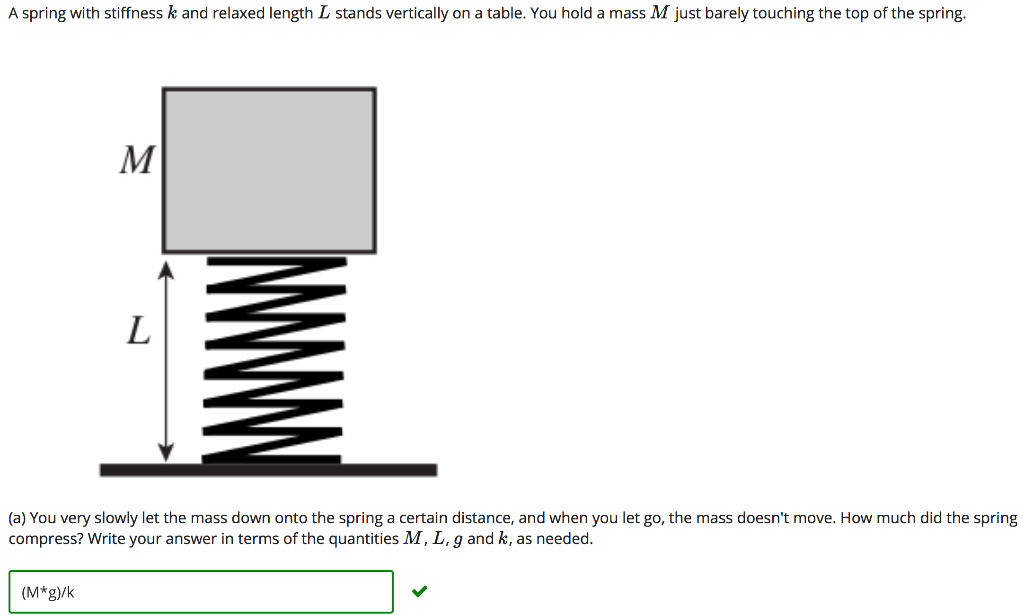 Solved A spring with stiffness k and relaxed length L stands