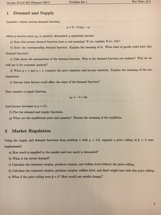 Solved Consider a linear inverse demand function, p = 8