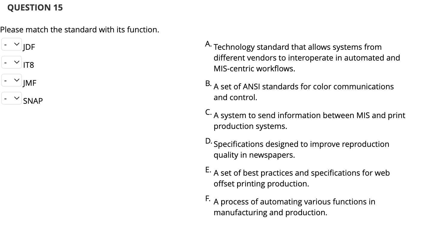 Solved Please match the standard with its function. JDF A. | Chegg.com