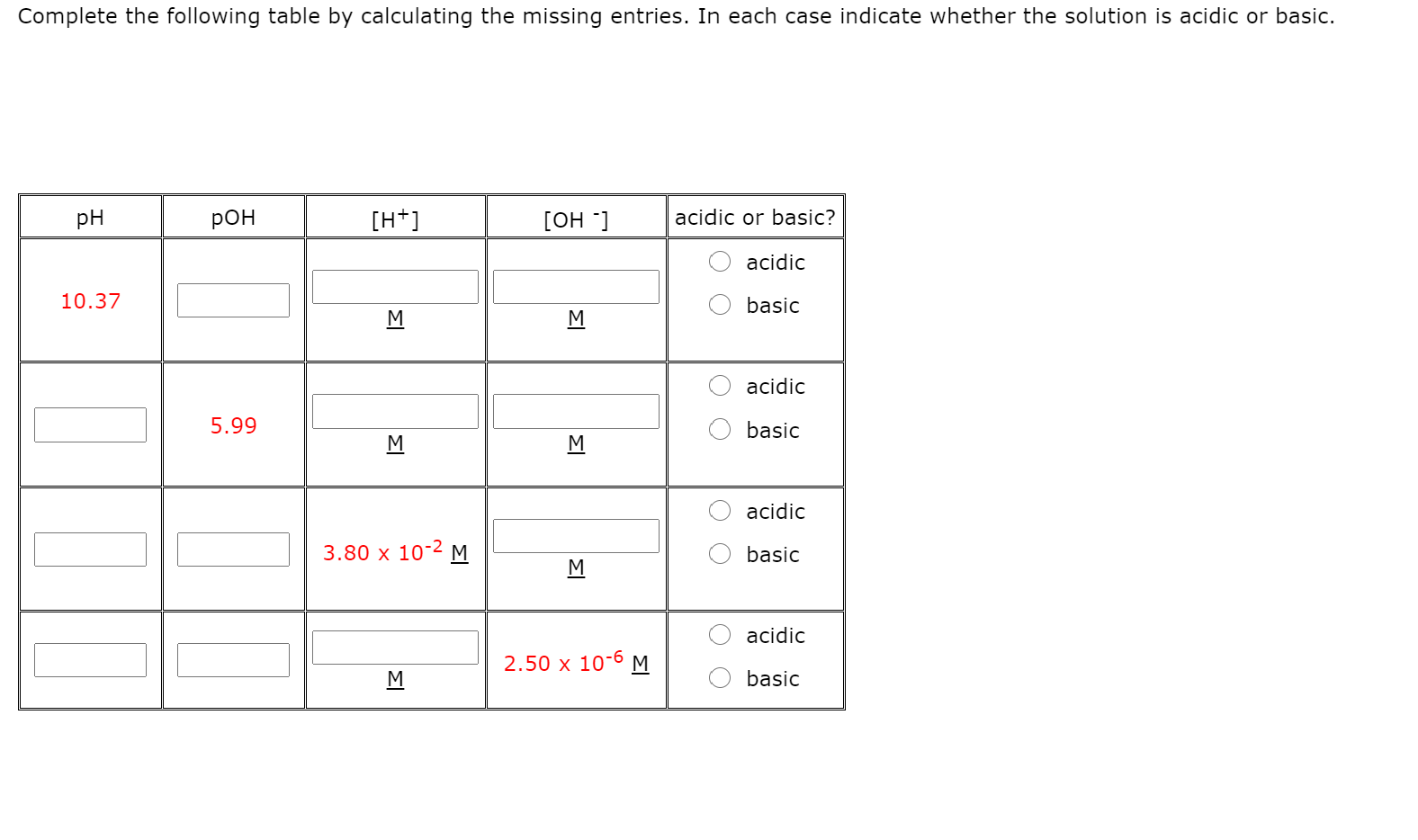 Solved Complete the following table by calculating the | Chegg.com