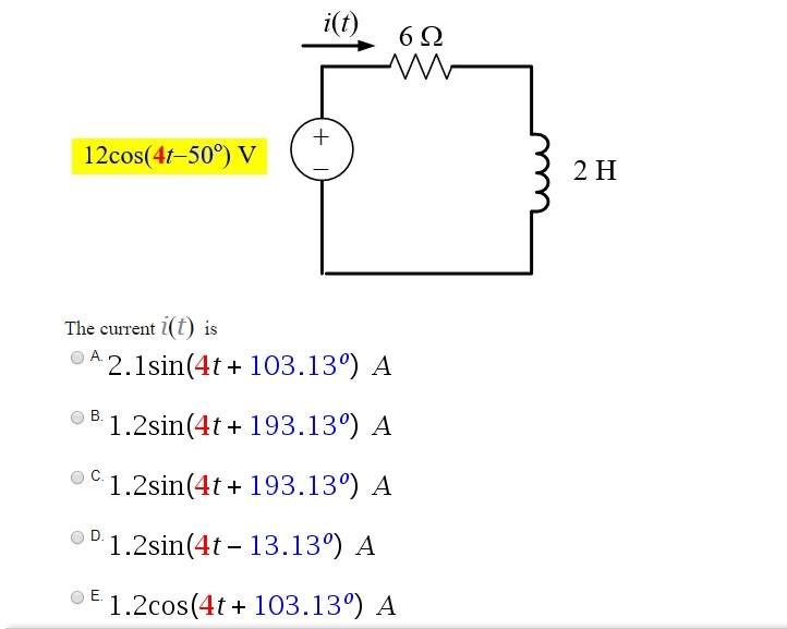 50 12cos 4t 50 V Uu 2 H The Current I T Is A Chegg Com