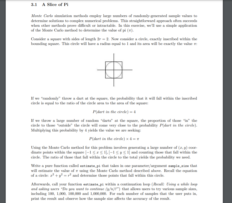 Solved 3 1 a slice of pi monte carlo simulation methods chegg