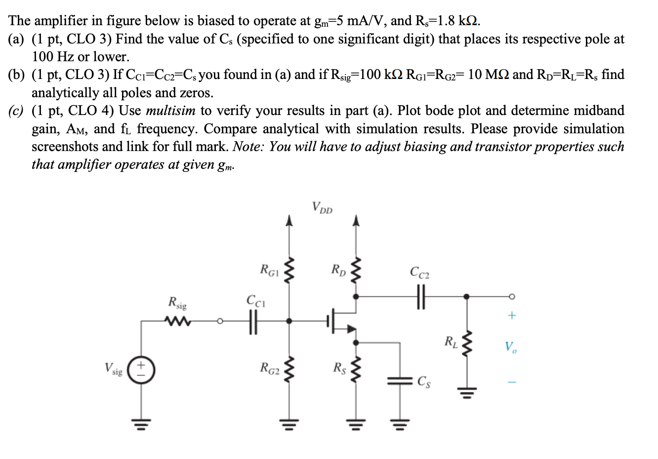 Solved The amplifier in figure below is biased to operate at | Chegg.com
