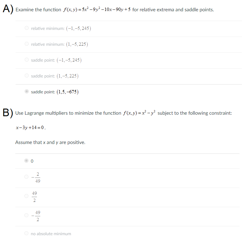 Solved Examine the function f(x,y)=5x2−9y2−10x−90y+5 for | Chegg.com