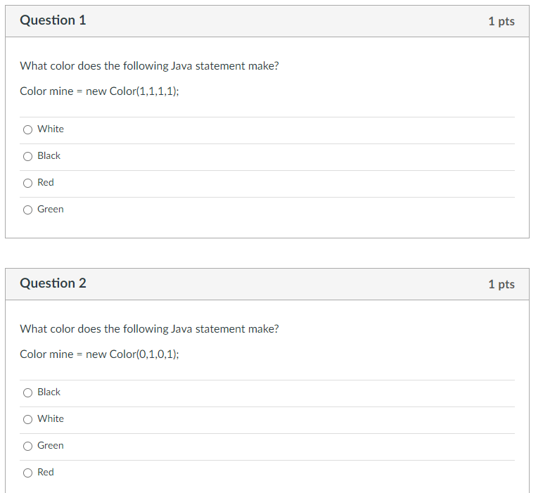 Solved Question 1 1 pts What color does the following Java | Chegg.com
