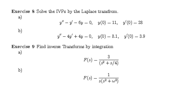 Solved Exercise 8 Solve the IVPs by the Laplace transfrom. | Chegg.com