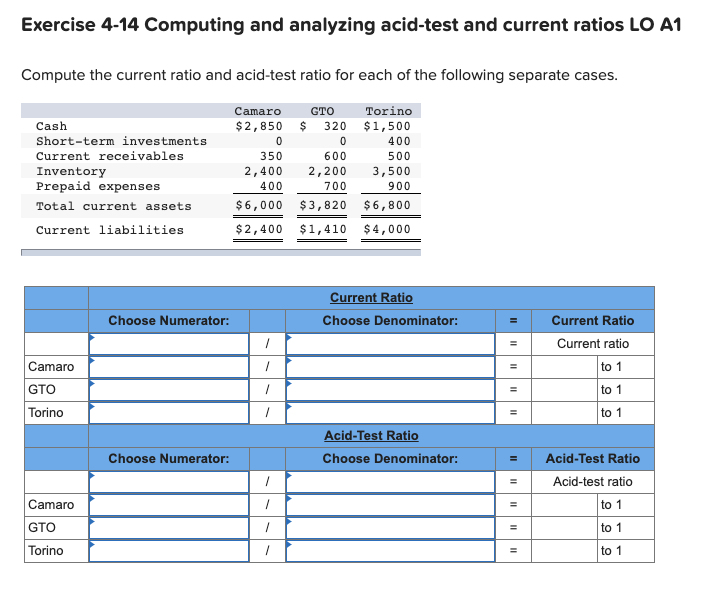 Solved Exercise 4-14 Computing and analyzing acid-test and