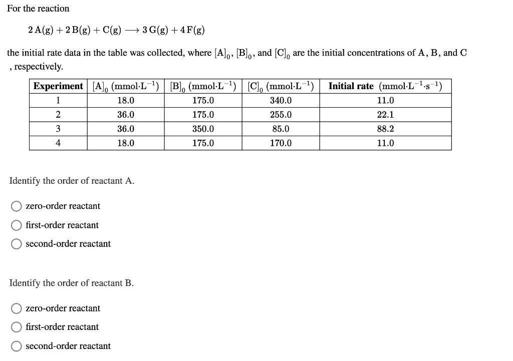Solved For the reaction 2 A(g) +2B(g) + C(g) + 3 G(g) +4F(g) | Chegg.com