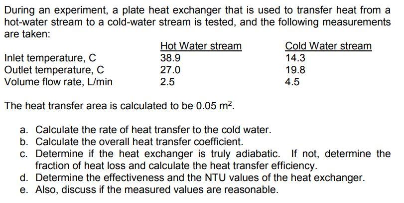 Solved During an experiment, a plate heat exchanger that is | Chegg.com
