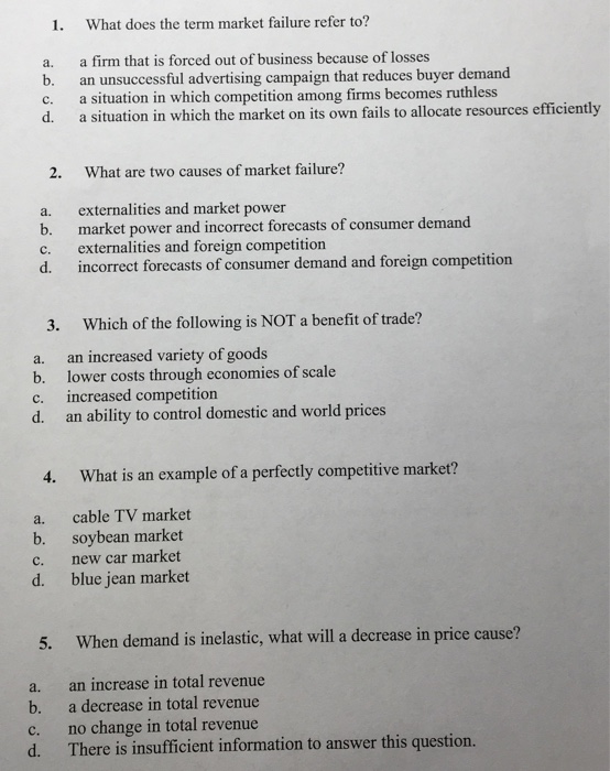 Solved 1. What does the term market failure refer to? a. a | Chegg.com