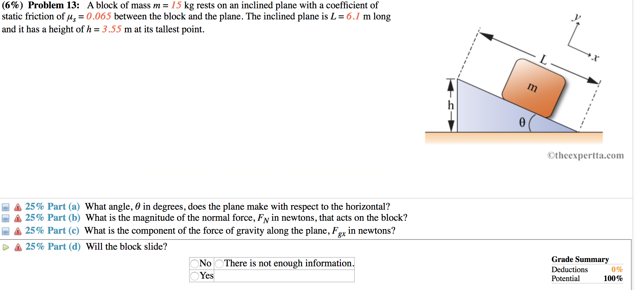 Solved (6%) Problem 13: A Block Of Mass M = 15 Kg Rests On | Chegg.com