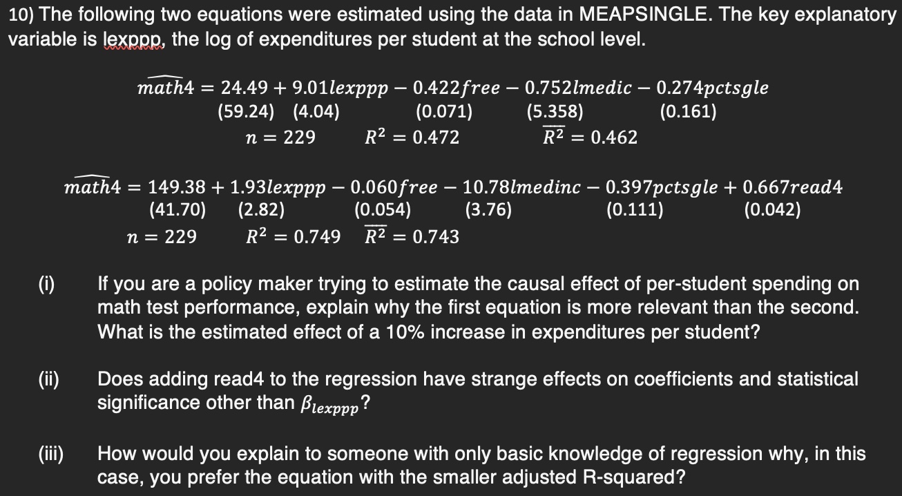 Solved The following two equations were estimated using the | Chegg.com