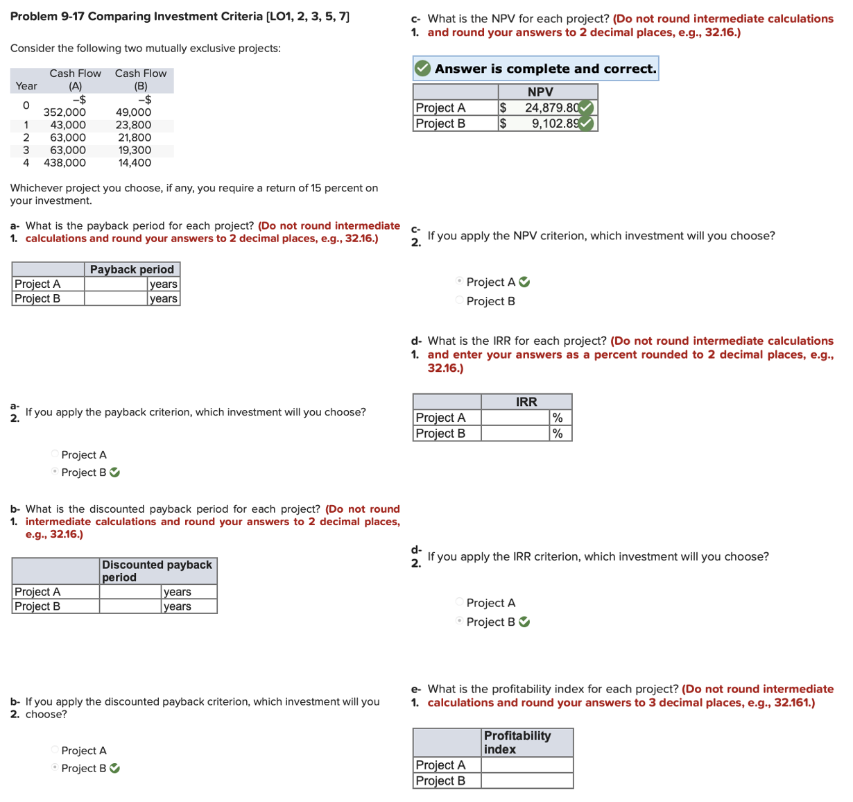 Solved Problem 9-17 ﻿Comparing Investment Criteria | Chegg.com