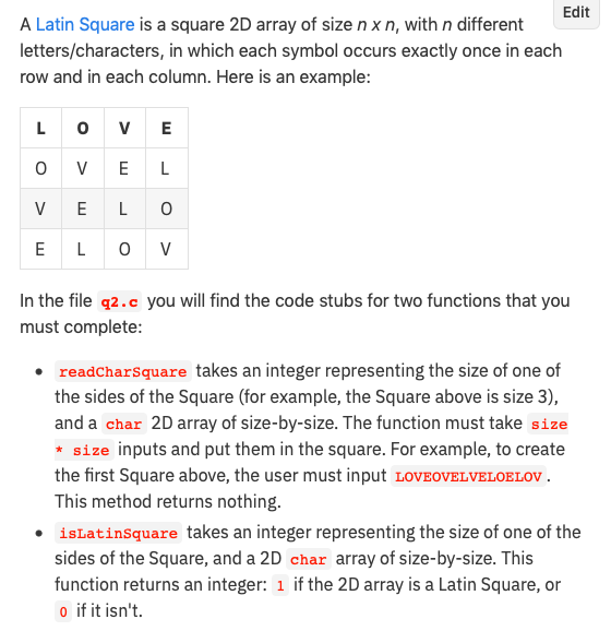 Solved Edit A Latin Square is a square 2D array of size n | Chegg.com