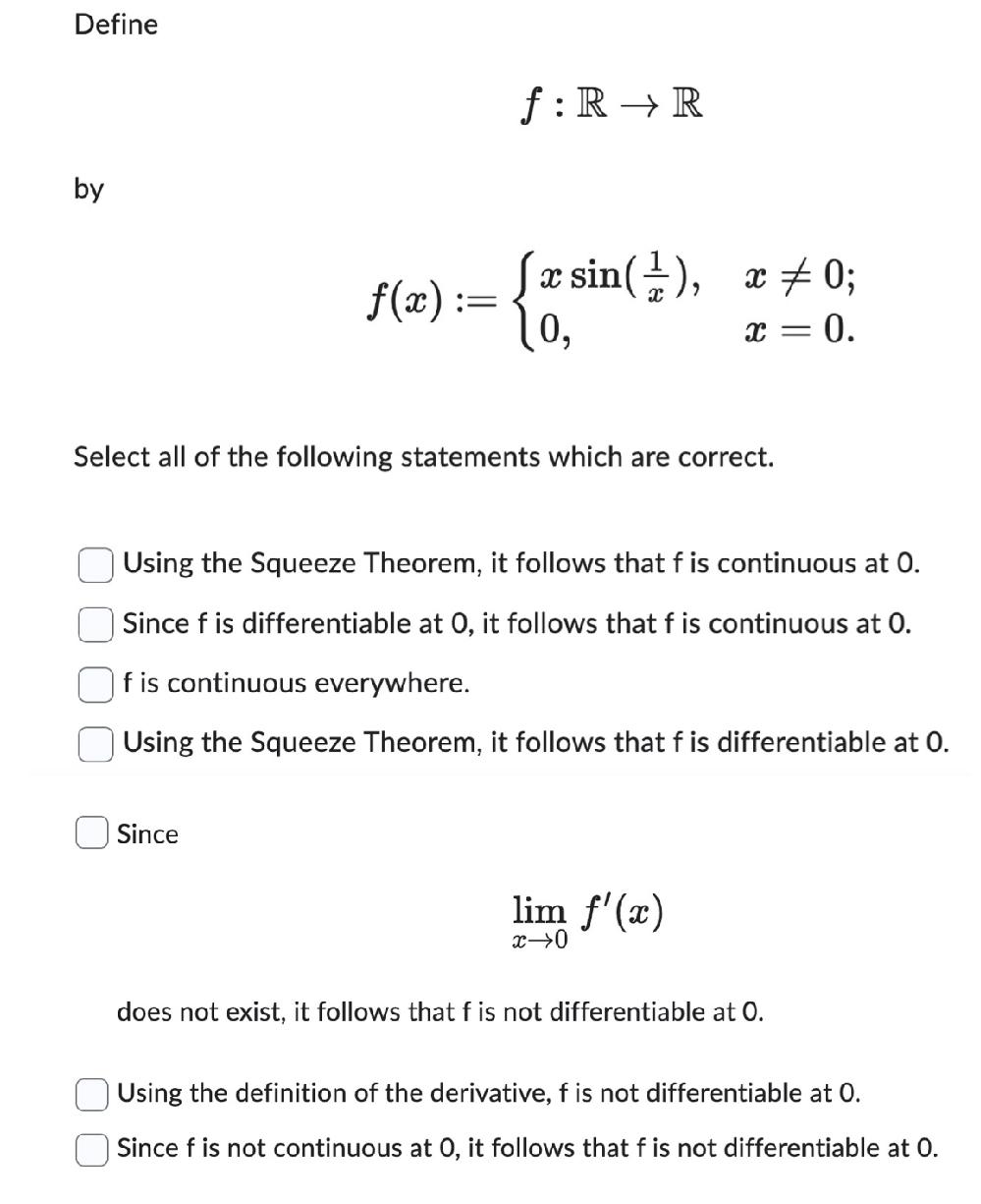 Solved Define F R→r By F X {xsin X1 0 X 0x 0 Select All