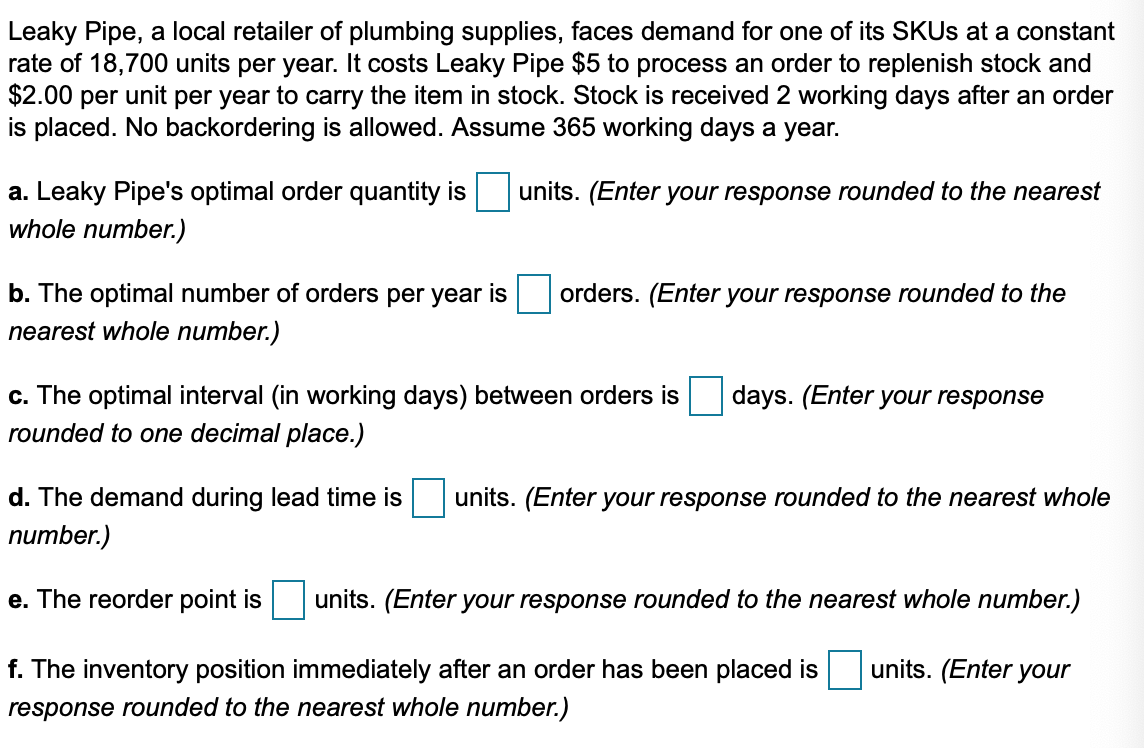 Solved Leaky Pipe, a local retailer of plumbing supplies,