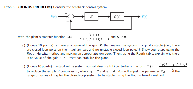 Solved Prob 3 (BONUS PROBLEM) Consider the feedback control | Chegg.com