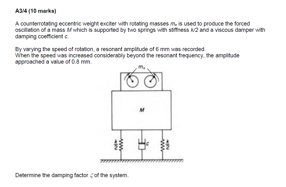 A counterrotating eccentric weight exciter with rotating masses \( m_{e} \) is used to produce the forced oscillation of a ma