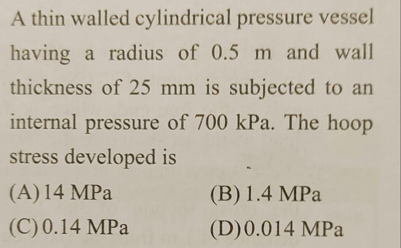 Solved A thin walled cylindrical pressure vessel having a | Chegg.com