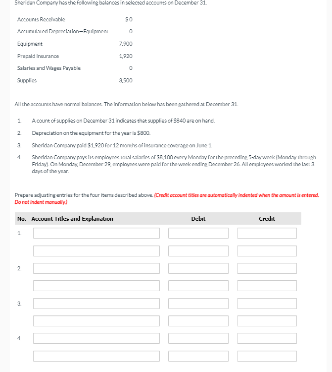 Solved Sheridan Company Has The Following Balances In 