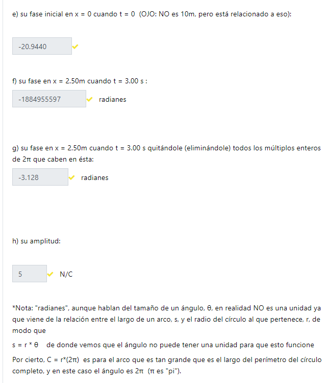 e) su fase inicial en \( x=0 \) cuando \( t=0 \) (OJO: \( N O \) es \( 10 \mathrm{~m} \), pero está relacionado a eso): f) su