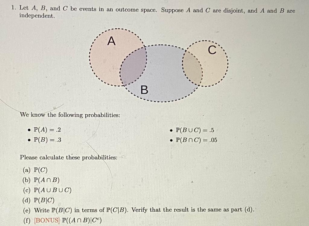 Solved 1. Let A, B, and C be events in an outcome space. | Chegg.com