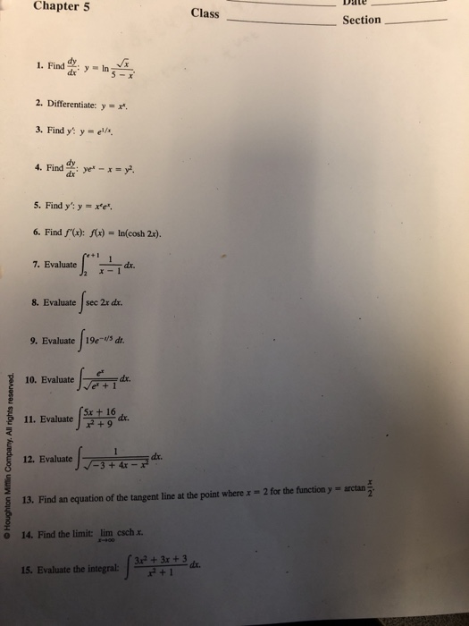 Solved Chapter 5 Class Section I. Find剝-In 1. Find y 3. Find | Chegg.com