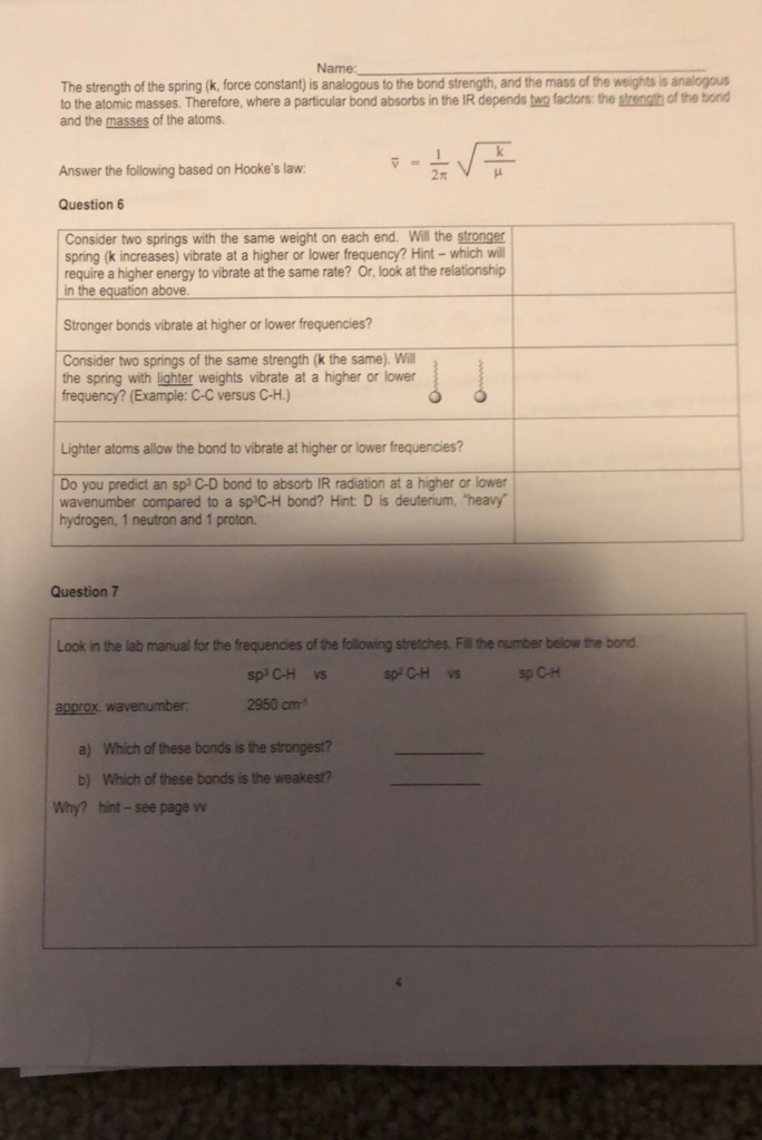 Solved Name The strength of the spring (k, force constant)