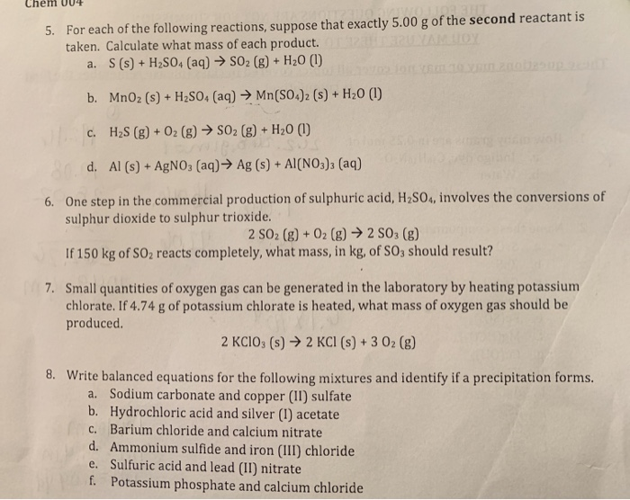 Solved Chem 00 For each of the following reactions, suppose | Chegg.com