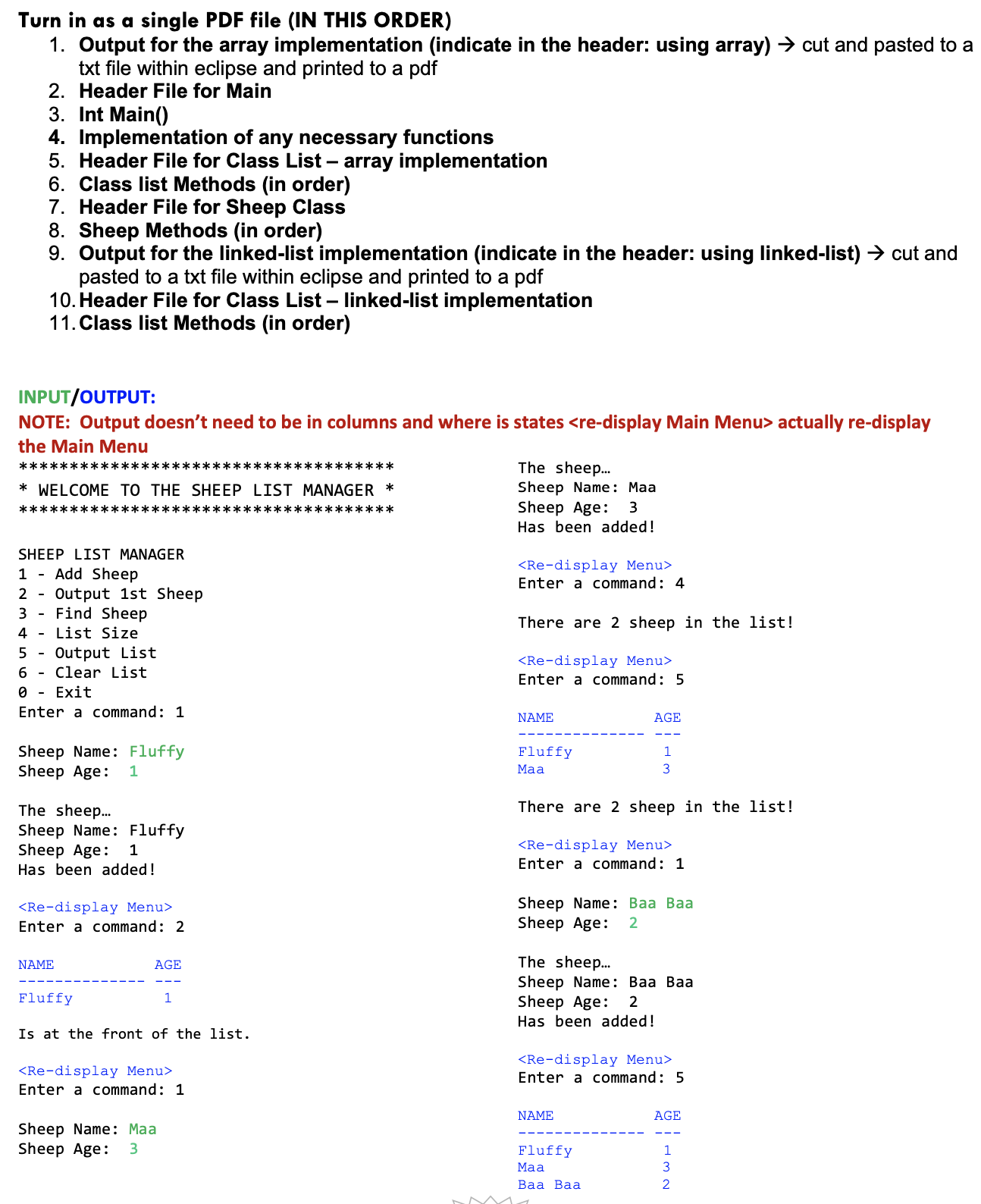 Lab #13: Arrays & Linked Lists of Sheep Implement the | Chegg.com