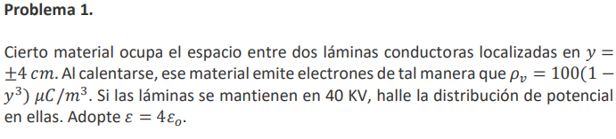 Cierto material ocupa el espacio entre dos láminas conductoras localizadas en \( y= \) \( \pm 4 \mathrm{~cm} \). Al calentars