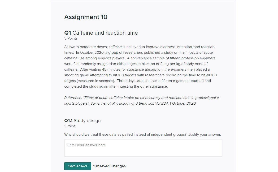 Solved Assignment 10 Q1 Caffeine and reaction time 5 Points | Chegg.com