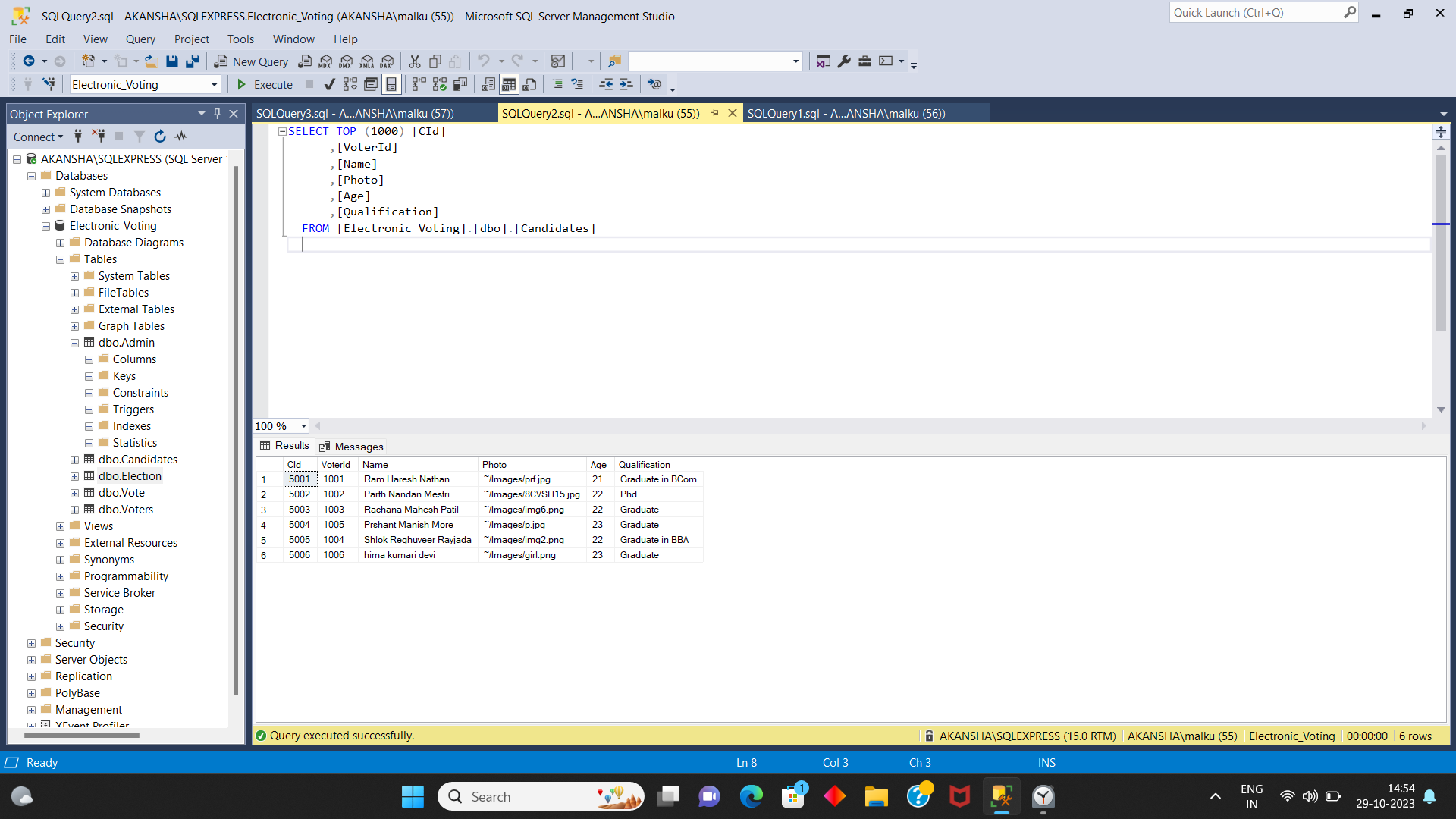 Solved SQLQuery3.sqI - AKANSHA\SQLEXPRESS.Electronic_Voting | Chegg.com
