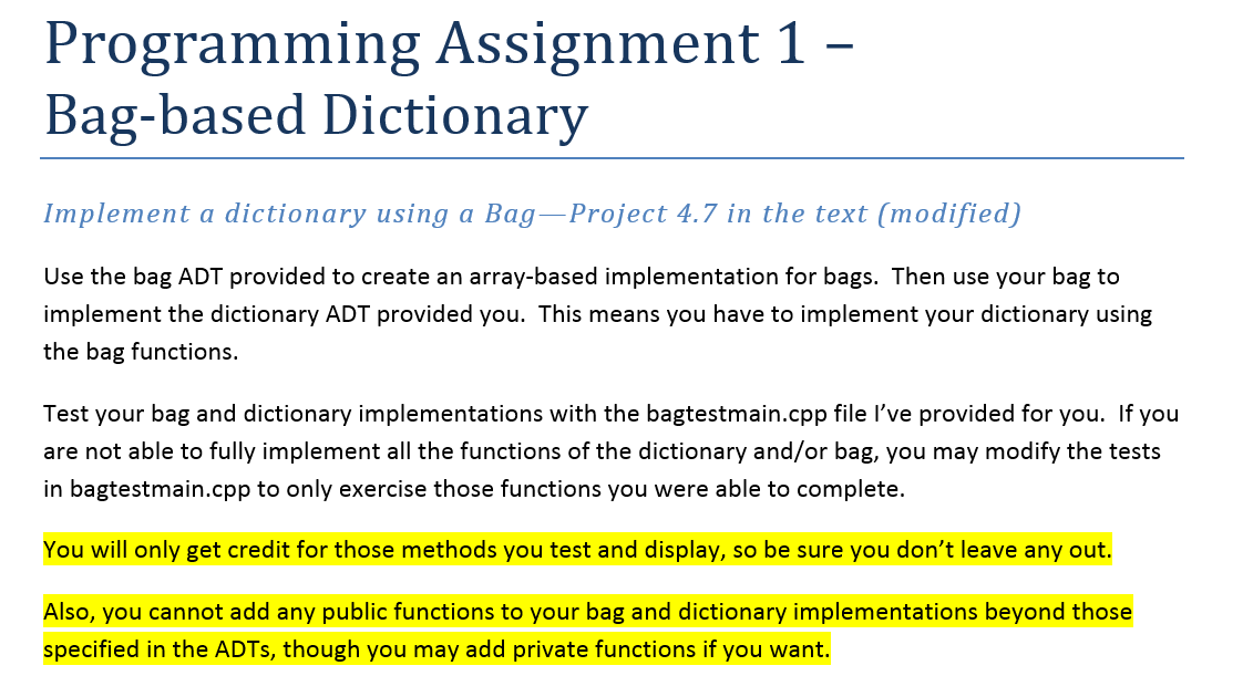Solved Programming Assignment 1 - Bag-based Dictionary | Chegg.com