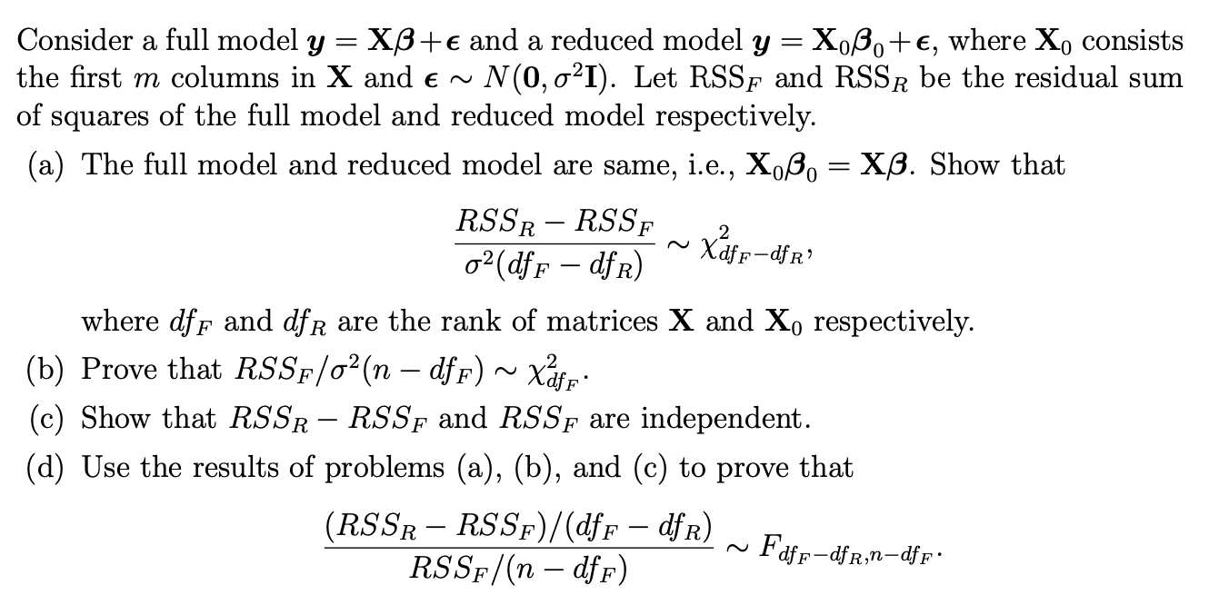 Consider a full model y=Xβ+ϵ and a reduced model | Chegg.com