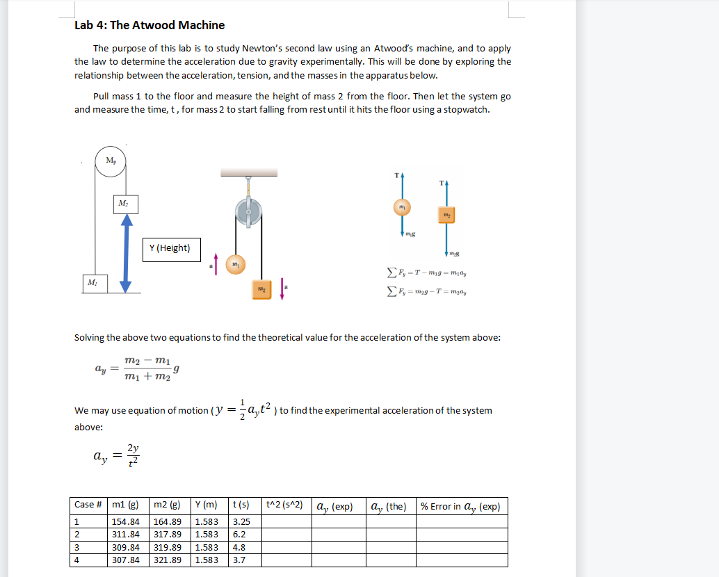 Solved Lab 4 The Atwood Machine The purpose of this lab is