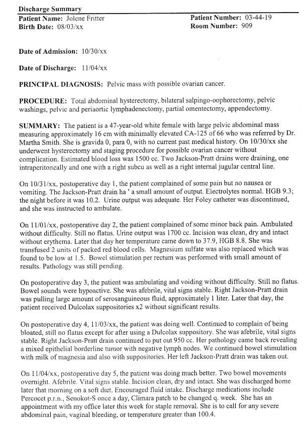 Discharge Summary Patient Name: Jolene Fritter Birth Date: 08/03/xx Patient Number: 03-44-19 Room Number: 909 Date of Admissi
