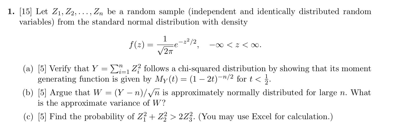 Solved 2 1. [15] Let Z1, Z2, ..., Zn be a random sample | Chegg.com