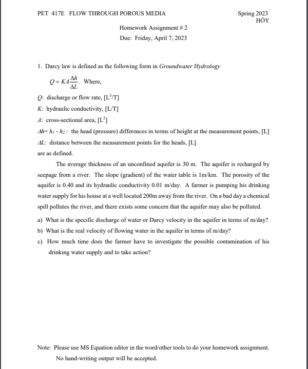 Solved PET 417E FLOW THROUGH POROUS MEDIA Spring 2023 | Chegg.com