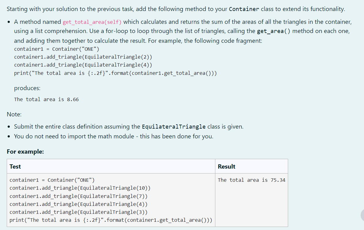 Solved The previous code is: class EquilateralTriangle: | Chegg.com