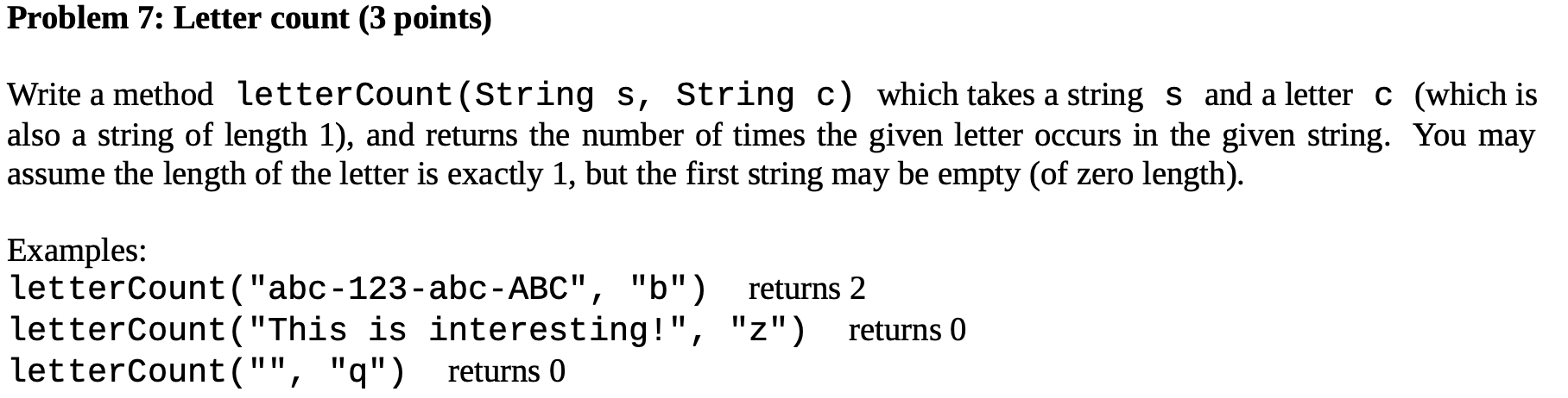 Solved Problem 7: Letter count (3 points) Write a method | Chegg.com