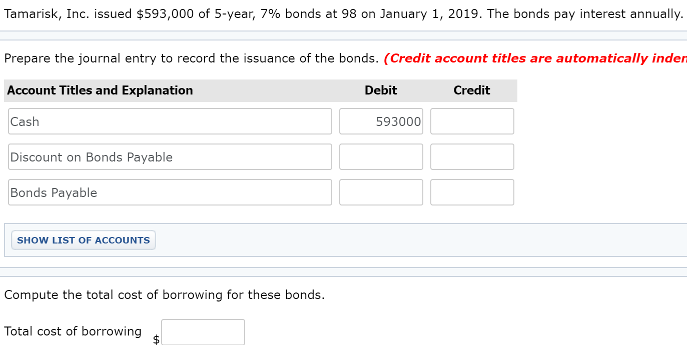 Solved Tamarisk, Inc. issued $593,000 of 5-year, 7% bonds at | Chegg.com