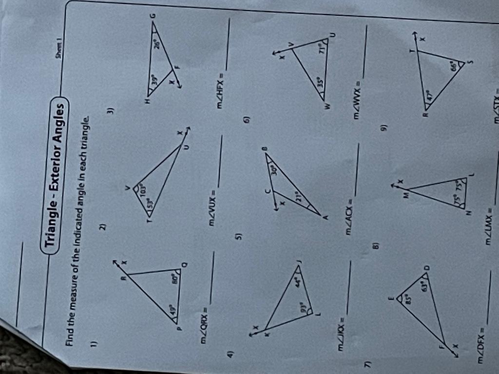 find the measure of the indicated exterior angle of the triangle