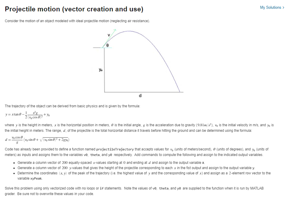 Solved My Solutions Projectile motion (vector creation and | Chegg.com