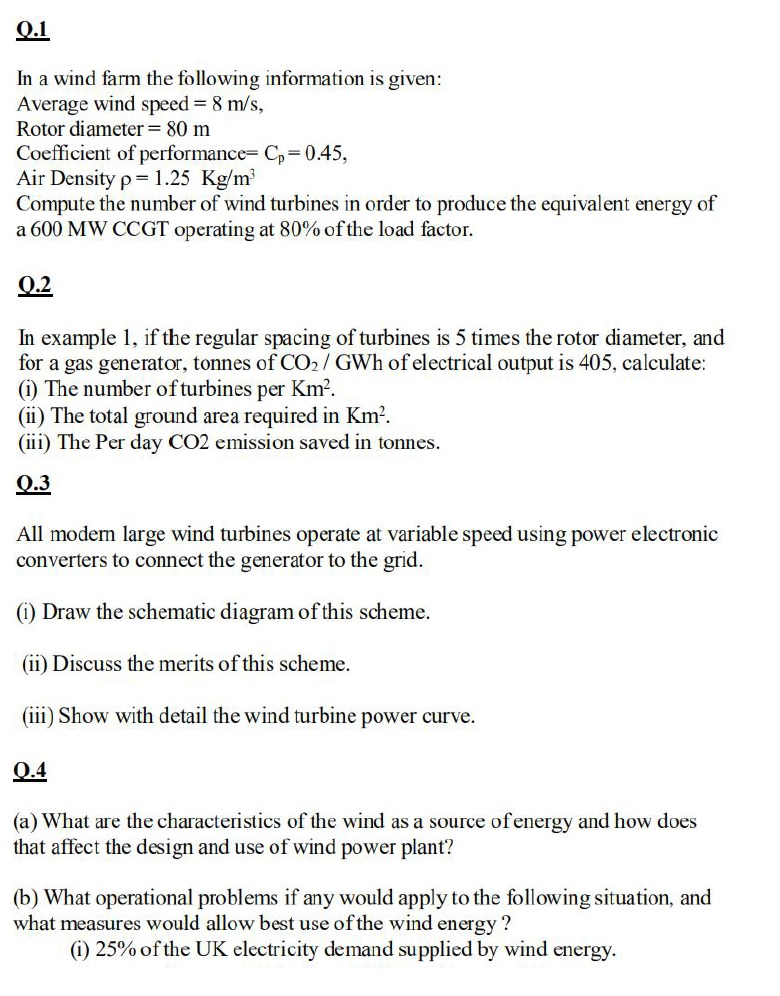 Solved 0.1 In a wind farm the following information is | Chegg.com