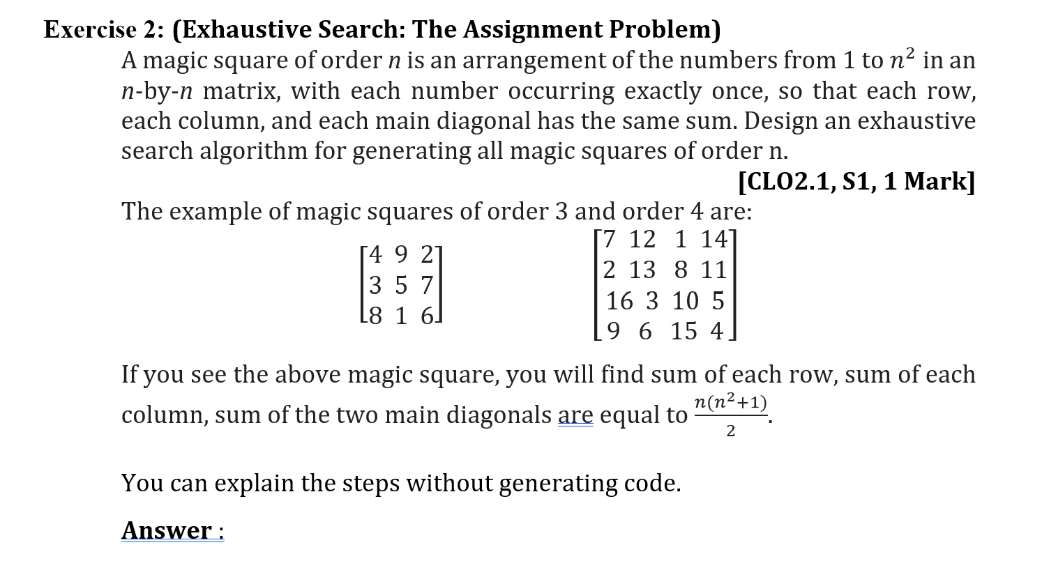 Solved Exercise 2: (Exhaustive Search: The Assignment | Chegg.com