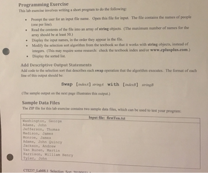 Solved Programming Exercise This lab exercise involves | Chegg.com
